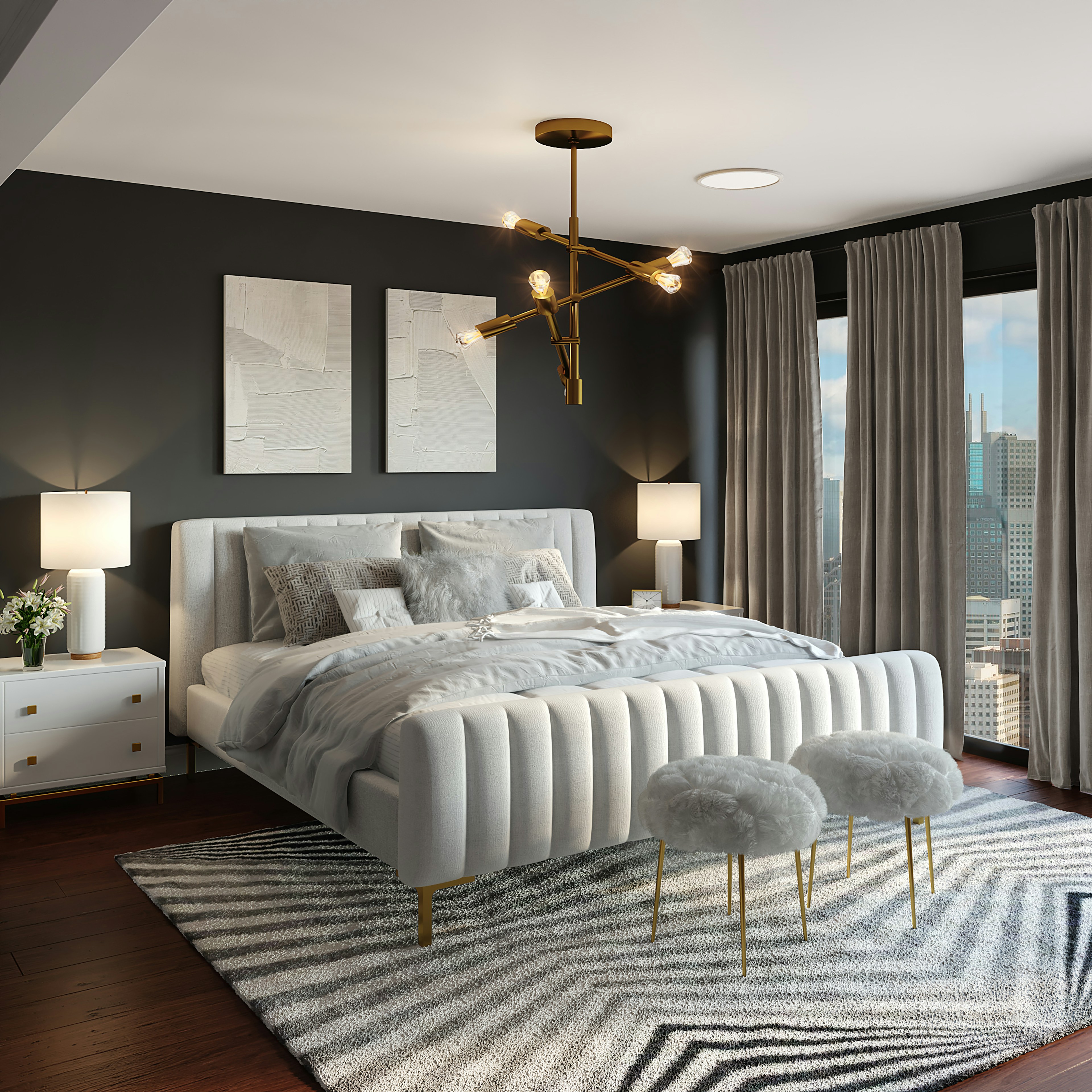 Elegant bedroom with a modern upholstered bed