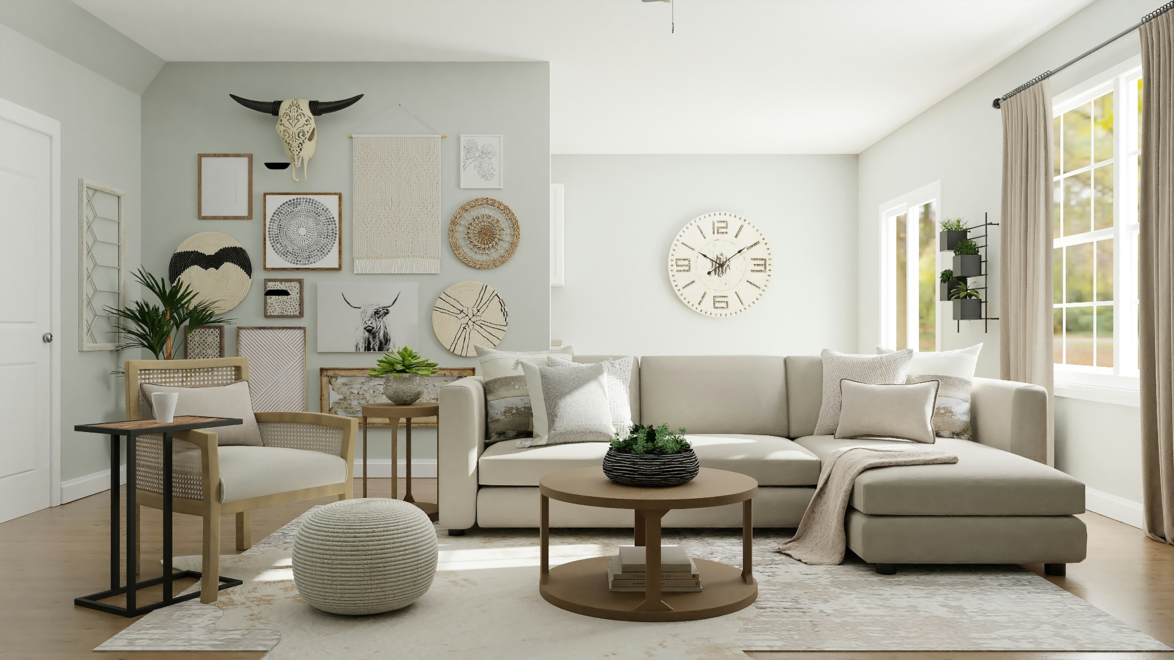 Bright neutral living room with layered natural textures